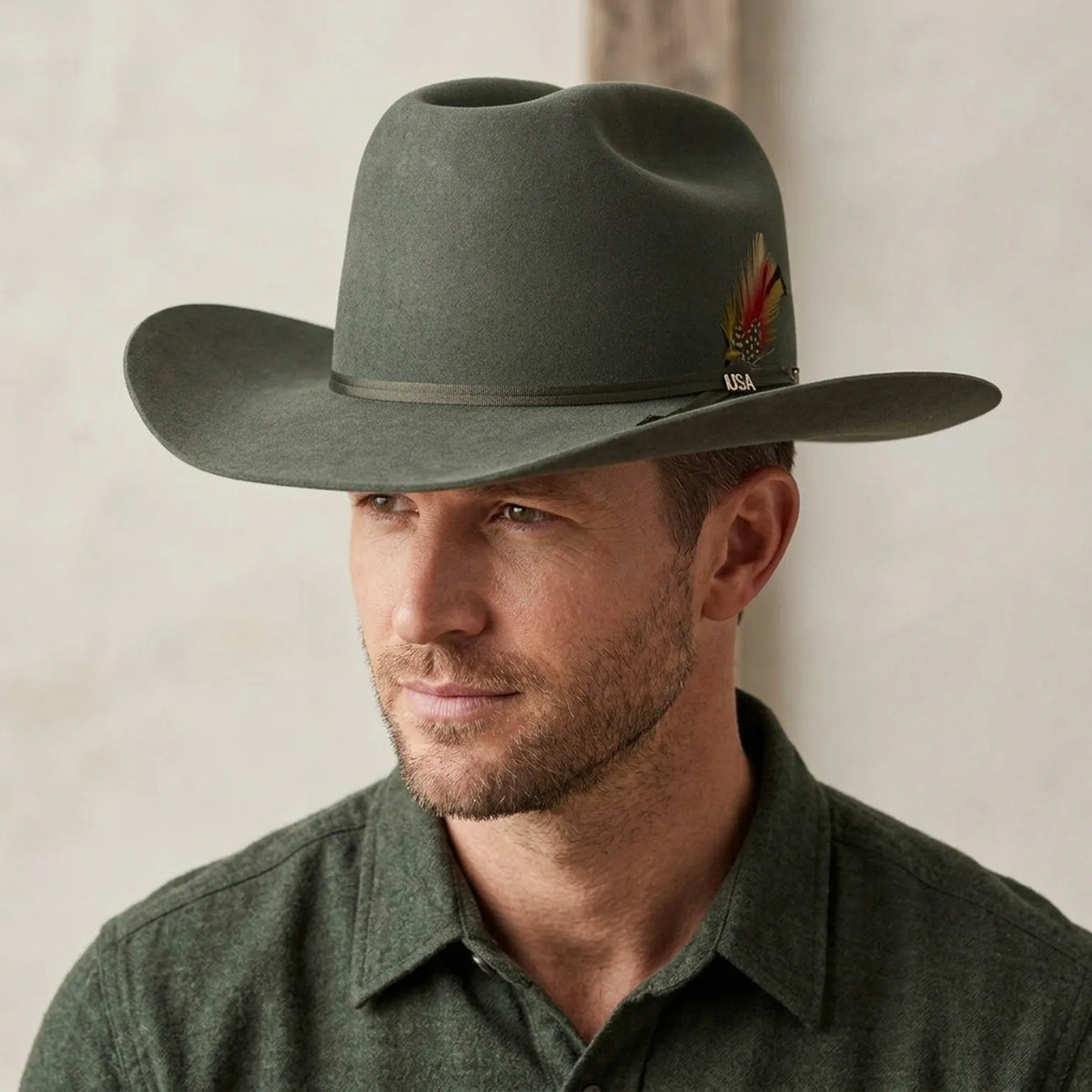Olive Green Felt Cowboy Hat with Feather Trim Band Detail
