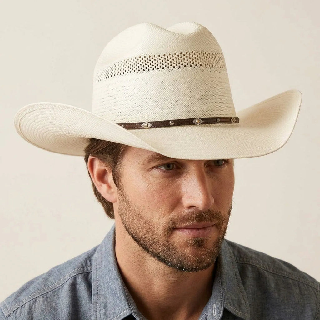 Ivory Straw Western Hat with Diamond Stud Band and Beads
