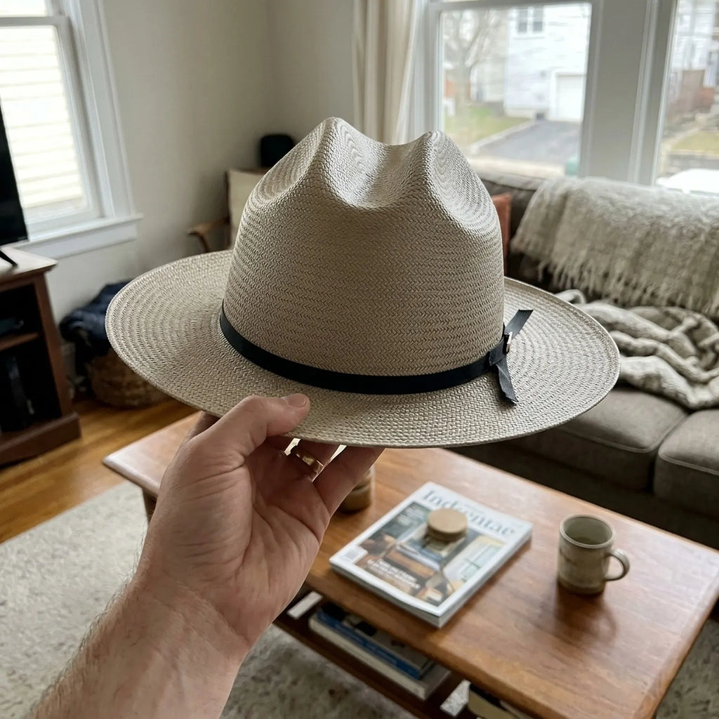 Beige Straw Panama Fedora Hat with Black Grosgrain Band