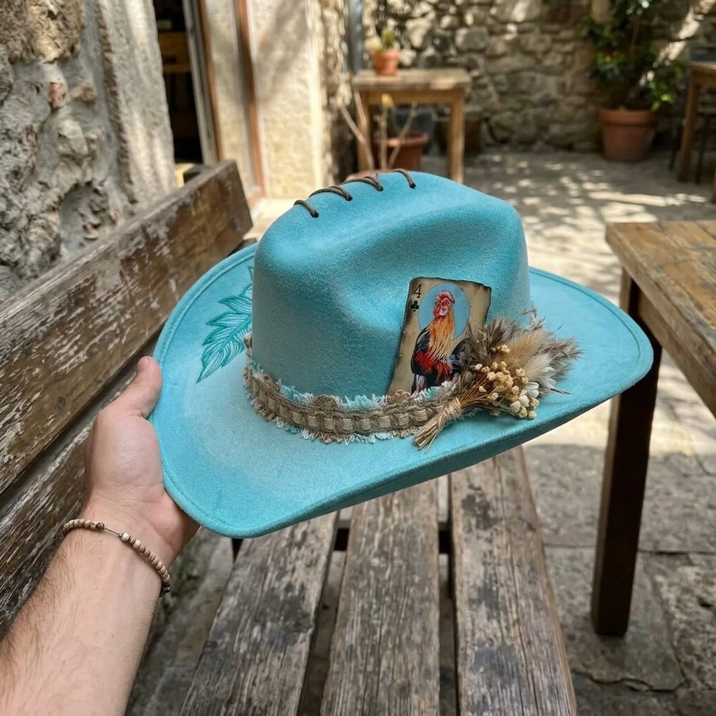 Boho Teal Western Hat with Rooster Card and Dried Flowers