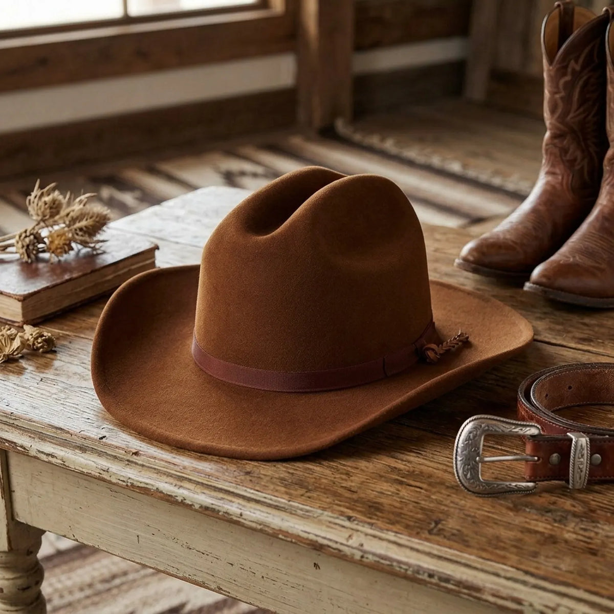 Rust Felt Western Hat with Grosgrain Ribbon - Cowboy Style