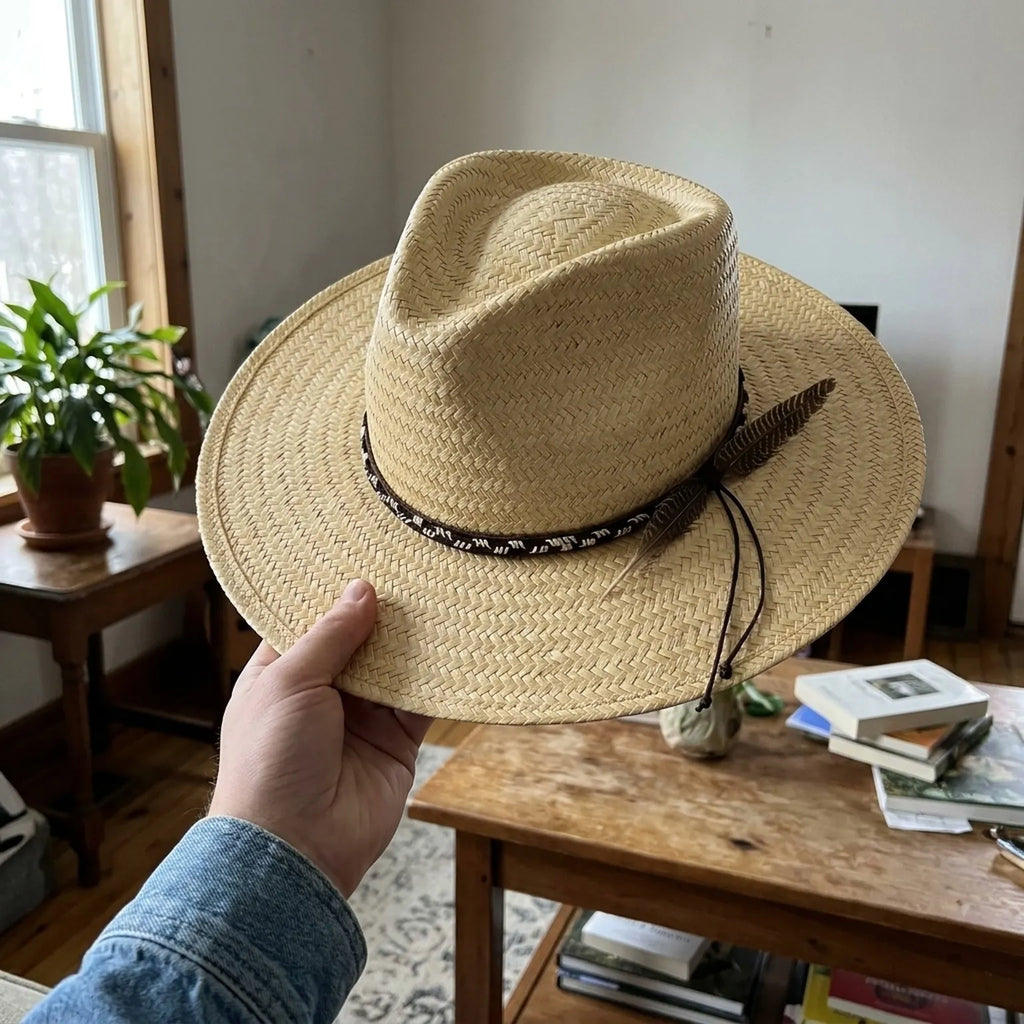 Unisex Natural Straw Fedora with Stitched Band and Feather