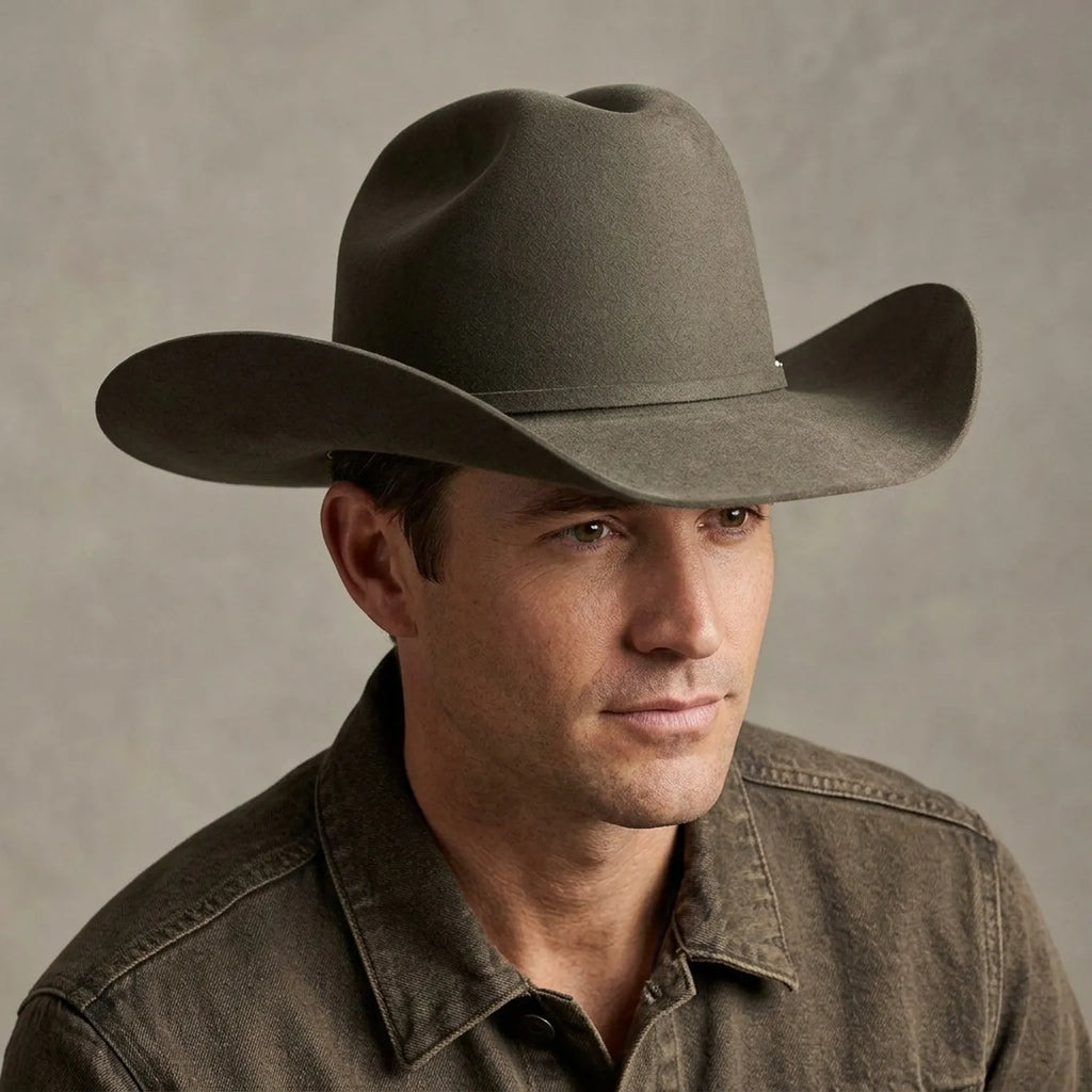 Unisex Olive Wool Felt Cowboy Hat with Pin Accent Detail