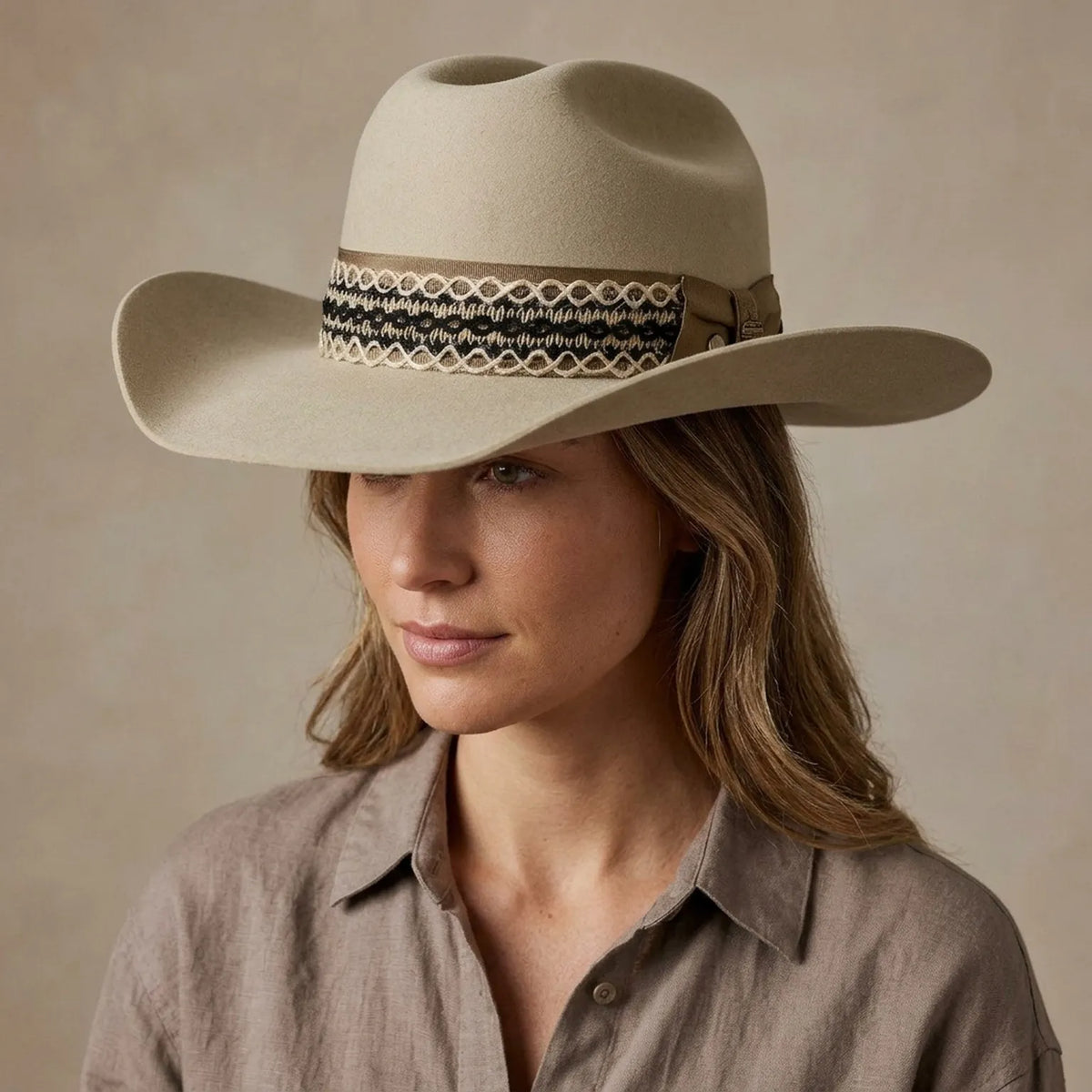 Cream Western Hat with Woven Geometric Band and Brim