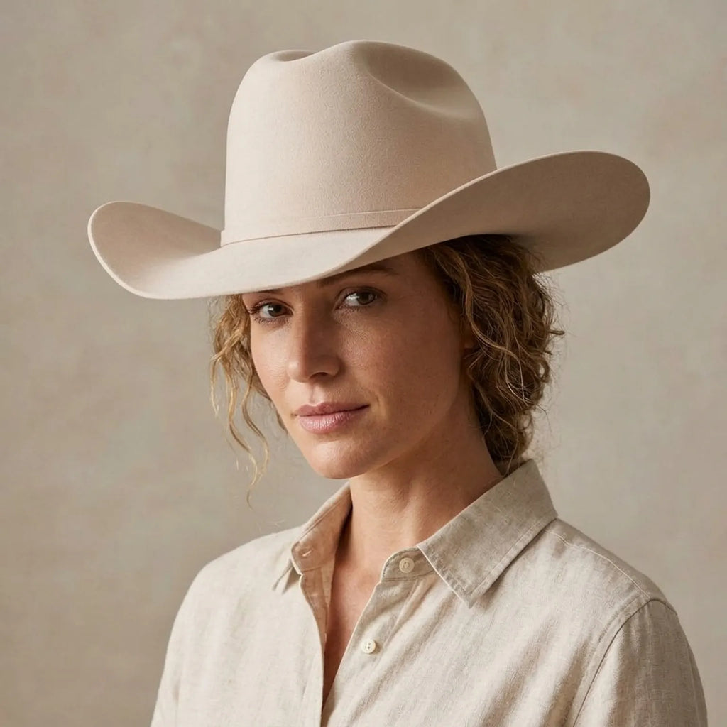 Unisex Beige Felt Cowboy Hat with Leather Band and Silver Buckle