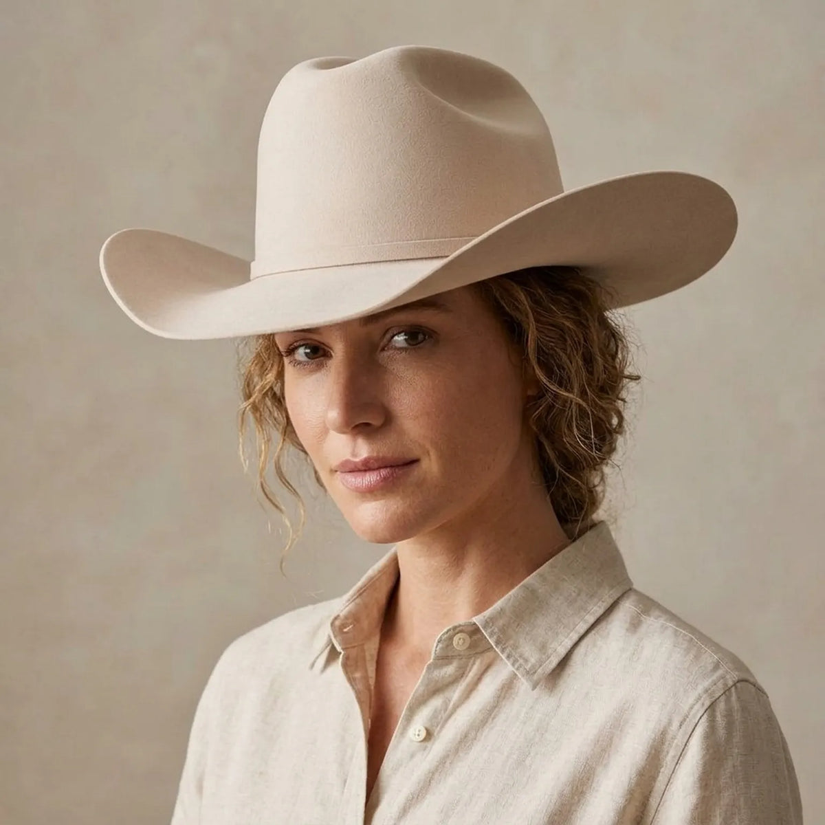 Unisex Beige Felt Cowboy Hat with Leather Band and Silver Buckle