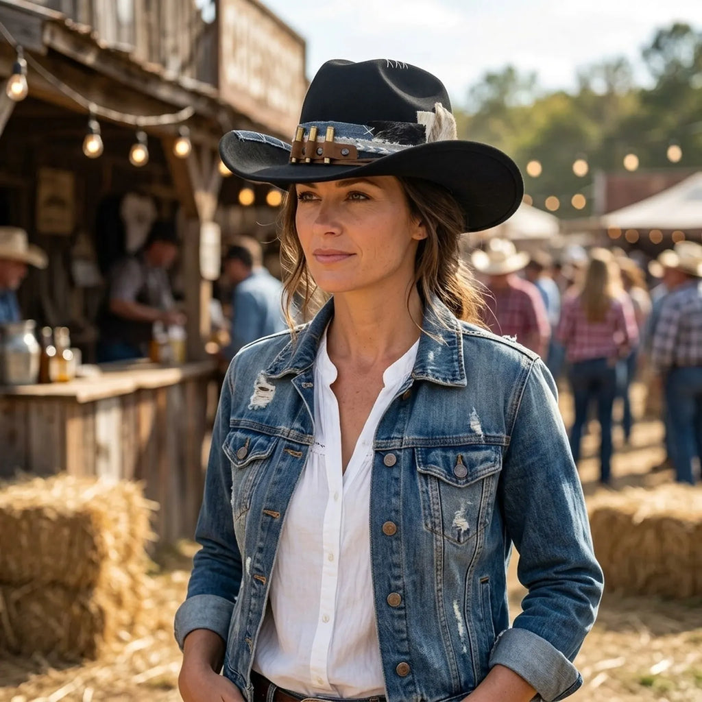 Black Cowboy Hat with Bullet Band, Denim Patch and Rope Detail
