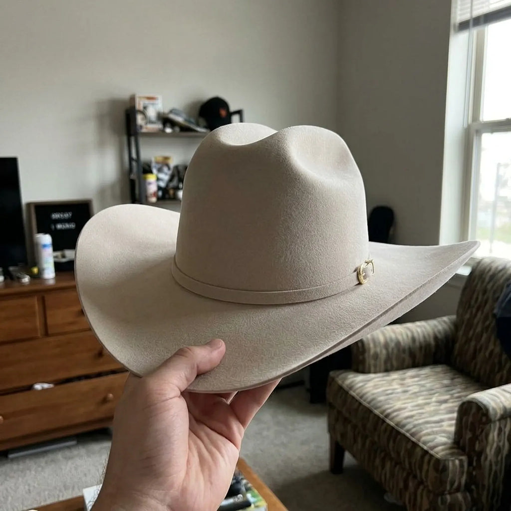 Cream Felt Cowboy Hat with Pinched Crown and Curved Brim