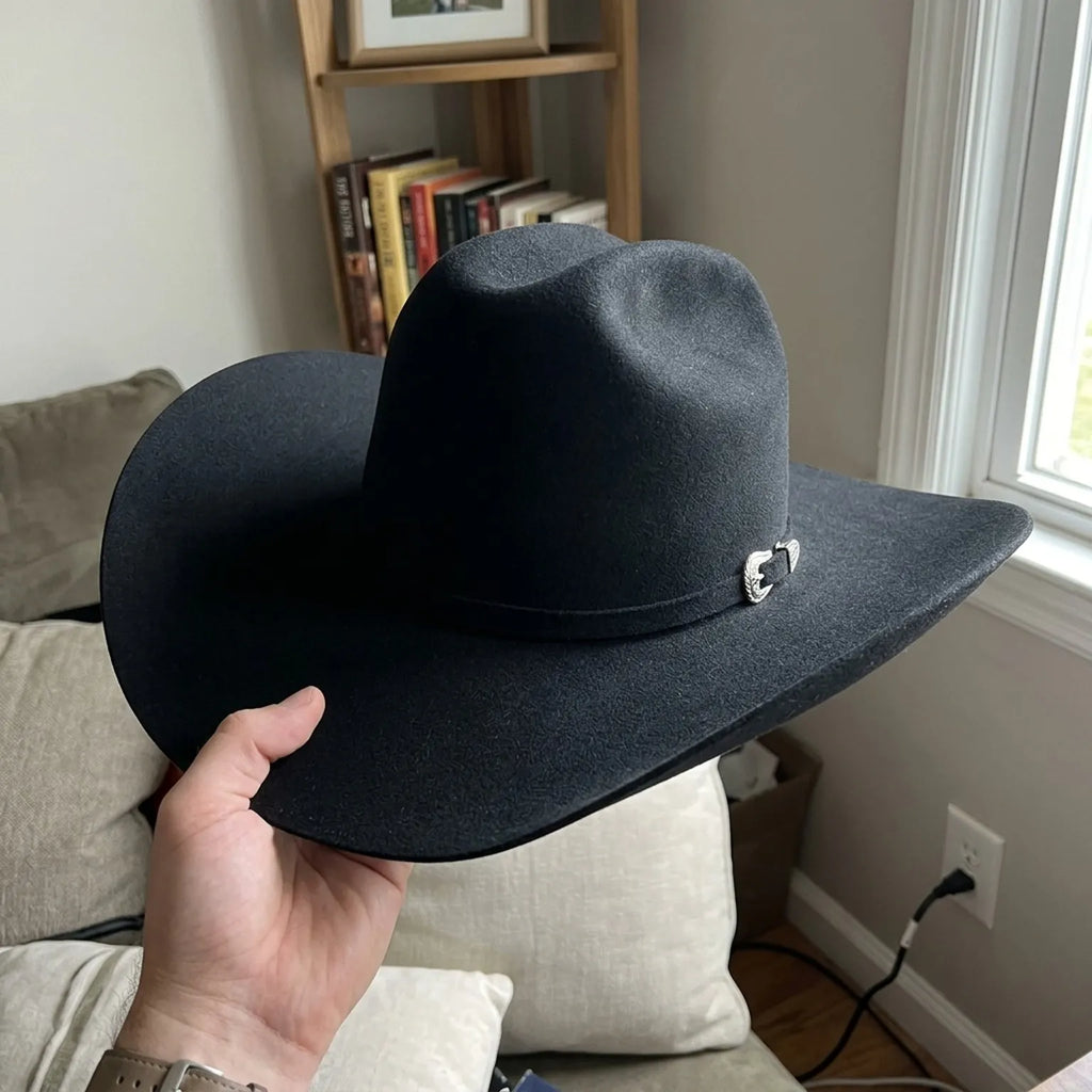 Black Felt Western Hat with Wide Flat Brim and Side Pin Detail