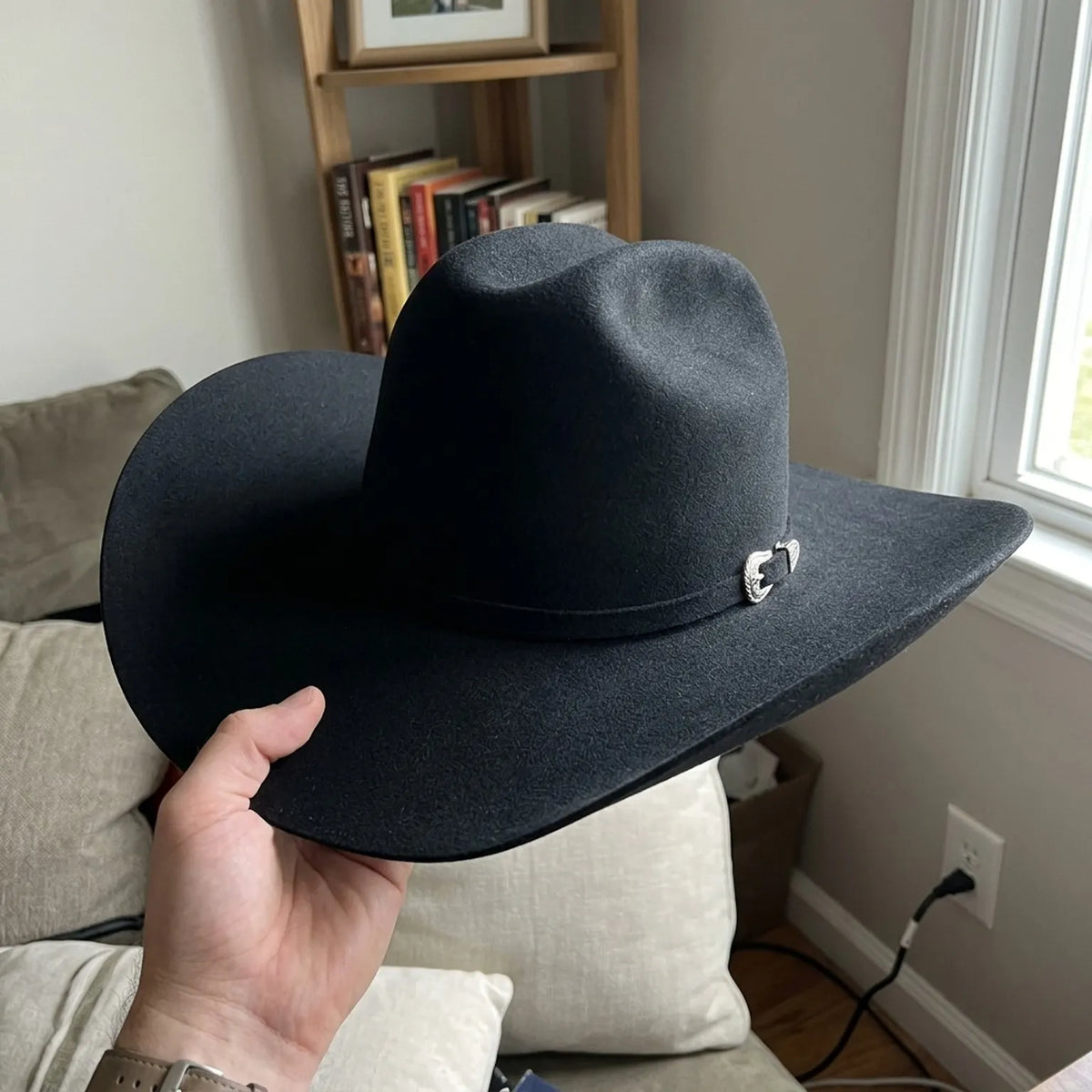 Black Felt Western Hat with Wide Flat Brim and Side Pin Detail