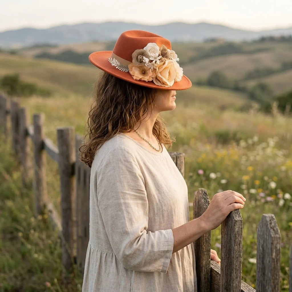 Rust Felt Fedora With Ivory Floral Cluster And Fern Sprig