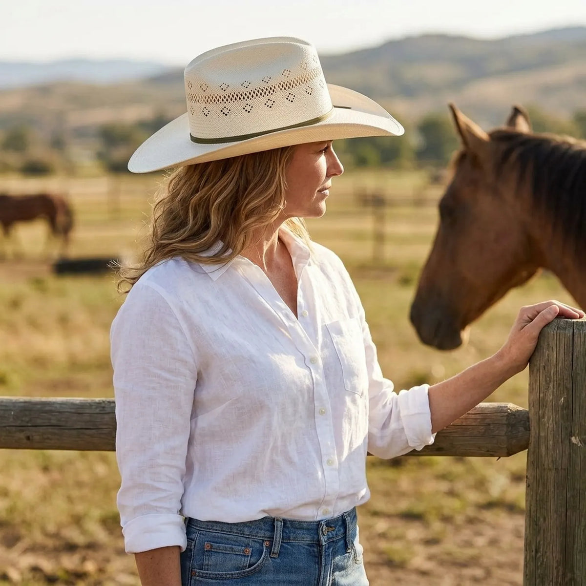 Cream Open-Weave Straw Western Hat with Brown Ribbon Band
