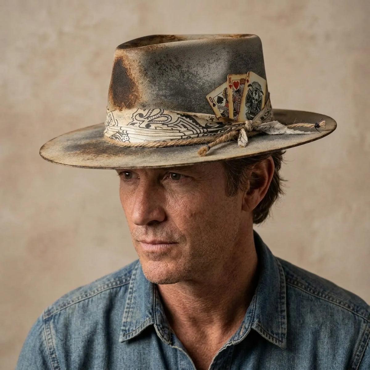 Gray Distressed Cowboy Hat with Playing Cards and Bandana Wrap
