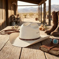 White Straw Fedora Hat with Brown Studded Leather Hatband