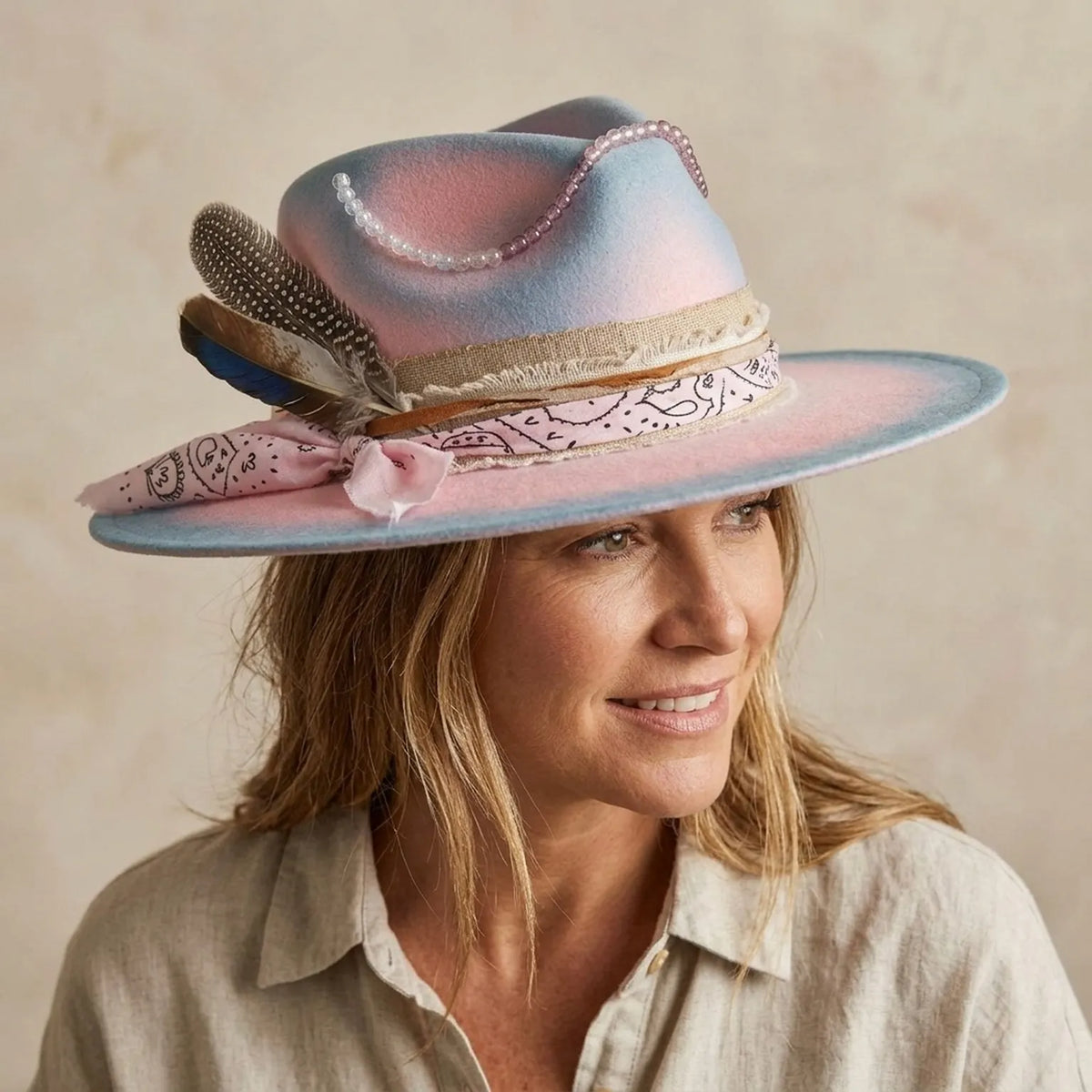 Pink Blue Tie-Dye Felt Fedora with Beaded Chain Bandana Scarf