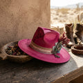 Hot Pink Fedora with Floral Embroidery and Crystal Brooch