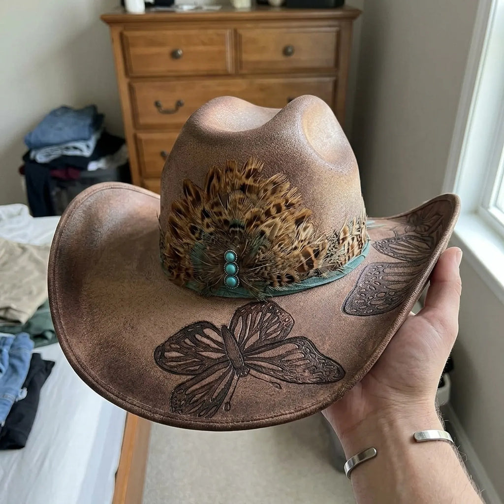 Brown Cowboy Hat with Butterfly Etching and Turquoise Feather Fan