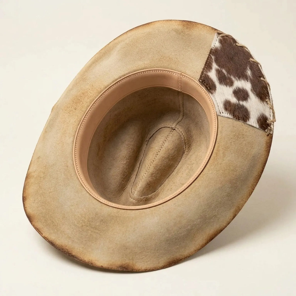 Vintage Cream Cowboy Hat with Burnished Edges and Paisley Band