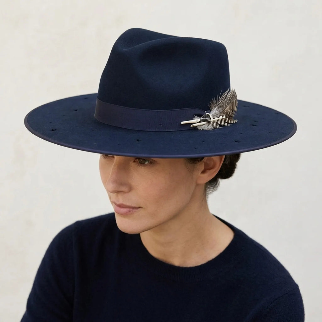 Navy Blue Wide Brim Felt Hat with Star Cutouts and Feather