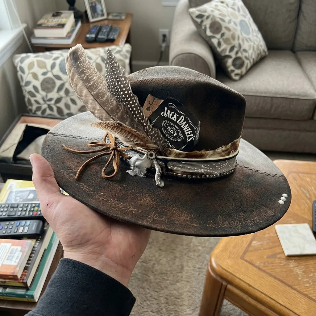 Dark Brown Fedora with Whiskey Patch, Feathers and Bullet Charm