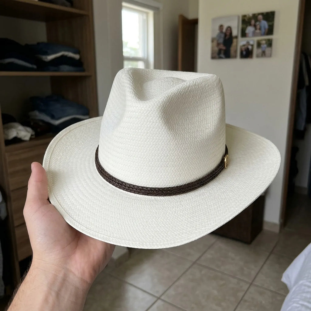 White Straw Fedora Hat with Braided Brown Leather Band Detail