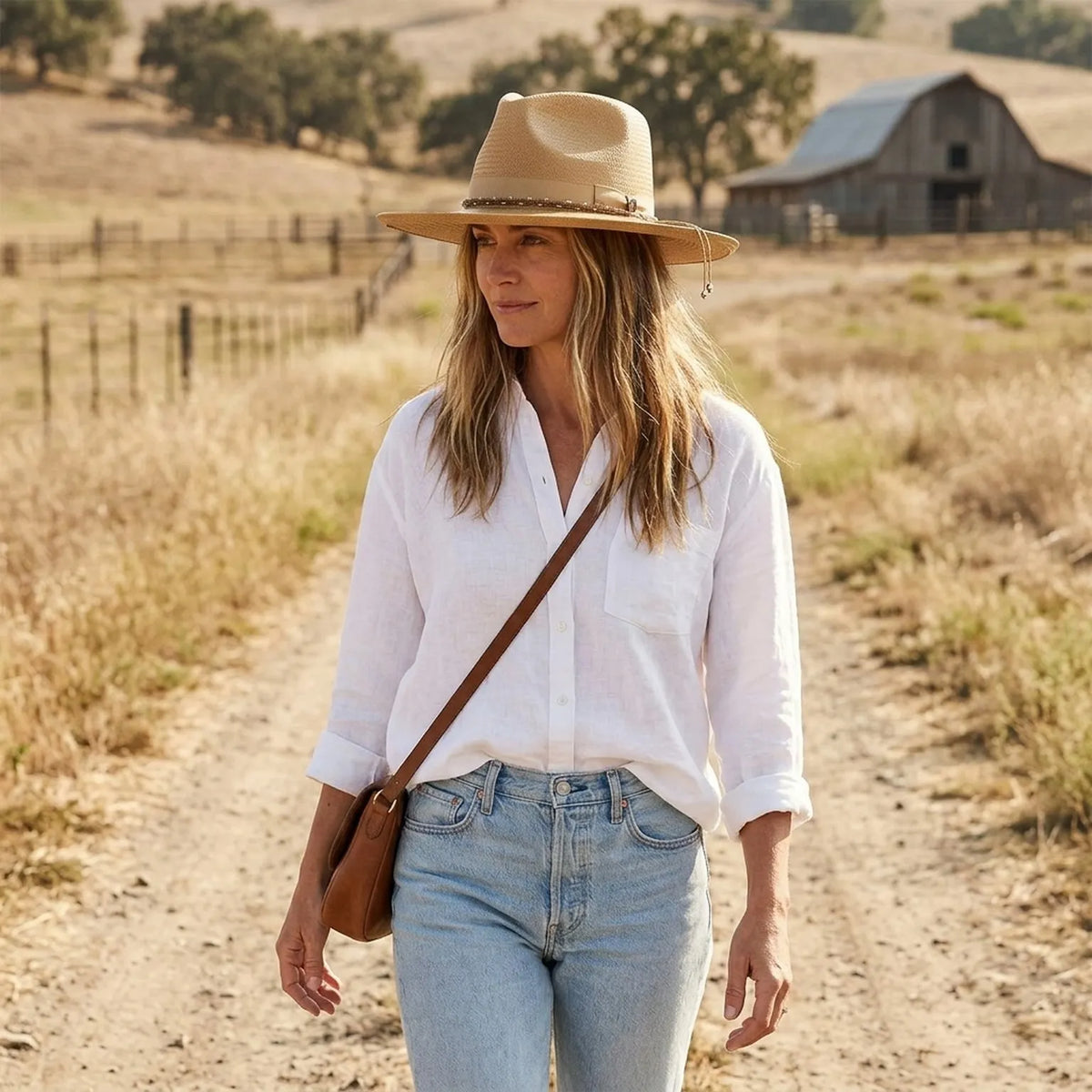 Tan Straw Western Hat with Beaded Trim Band and Curled Brim