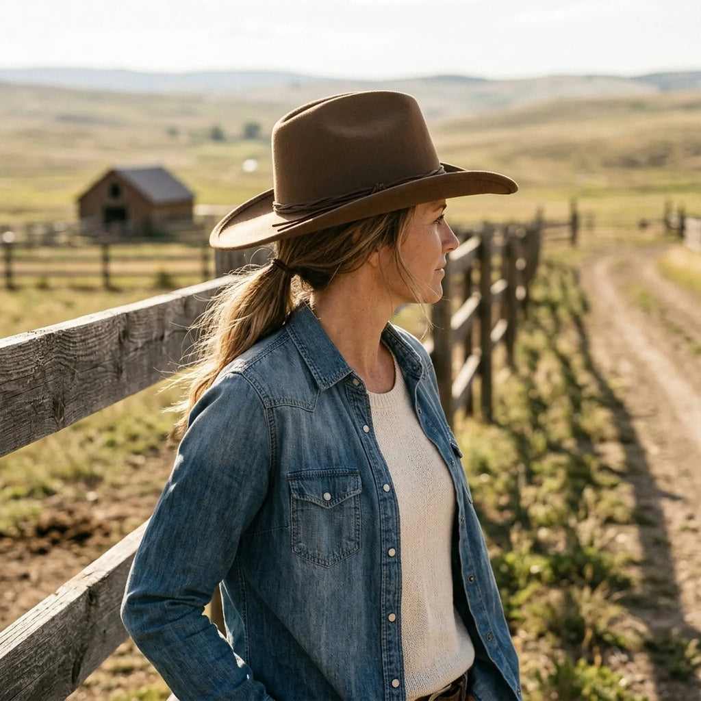 Brown Felt Cowboy Hat with Leather Cord Band and Chin Tie
