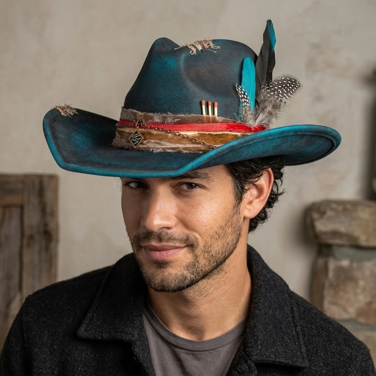 Teal Wide-Brim Western Hat with Matchstick and Feather Details