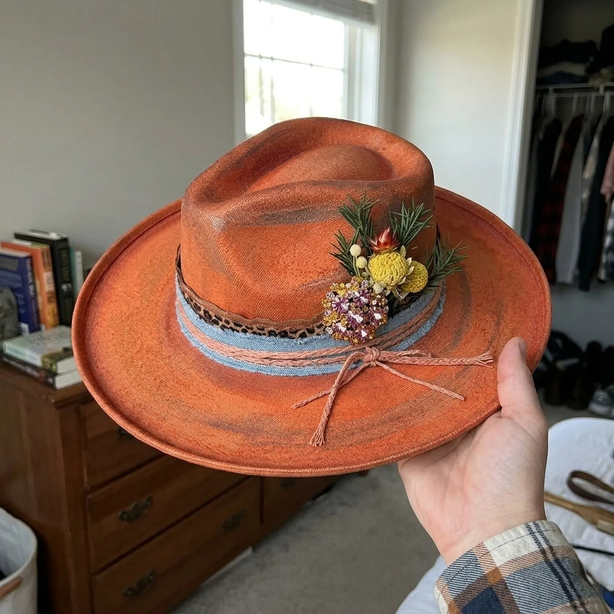 Rust Orange Felt Fedora Denim Burlap Layer Jeweled Brooch