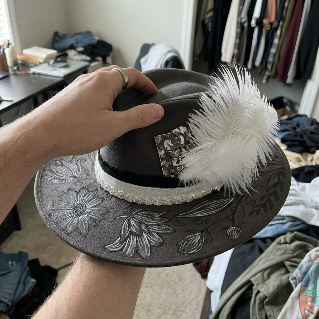 Gray Flocked Fedora Hat with Floral Brim Print and Feather
