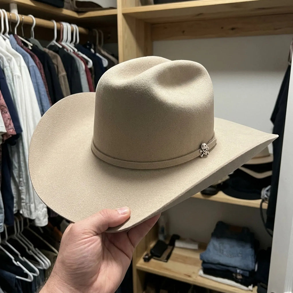 Camel Felt Cowboy Hat with Pinched Crown and Curved Brim