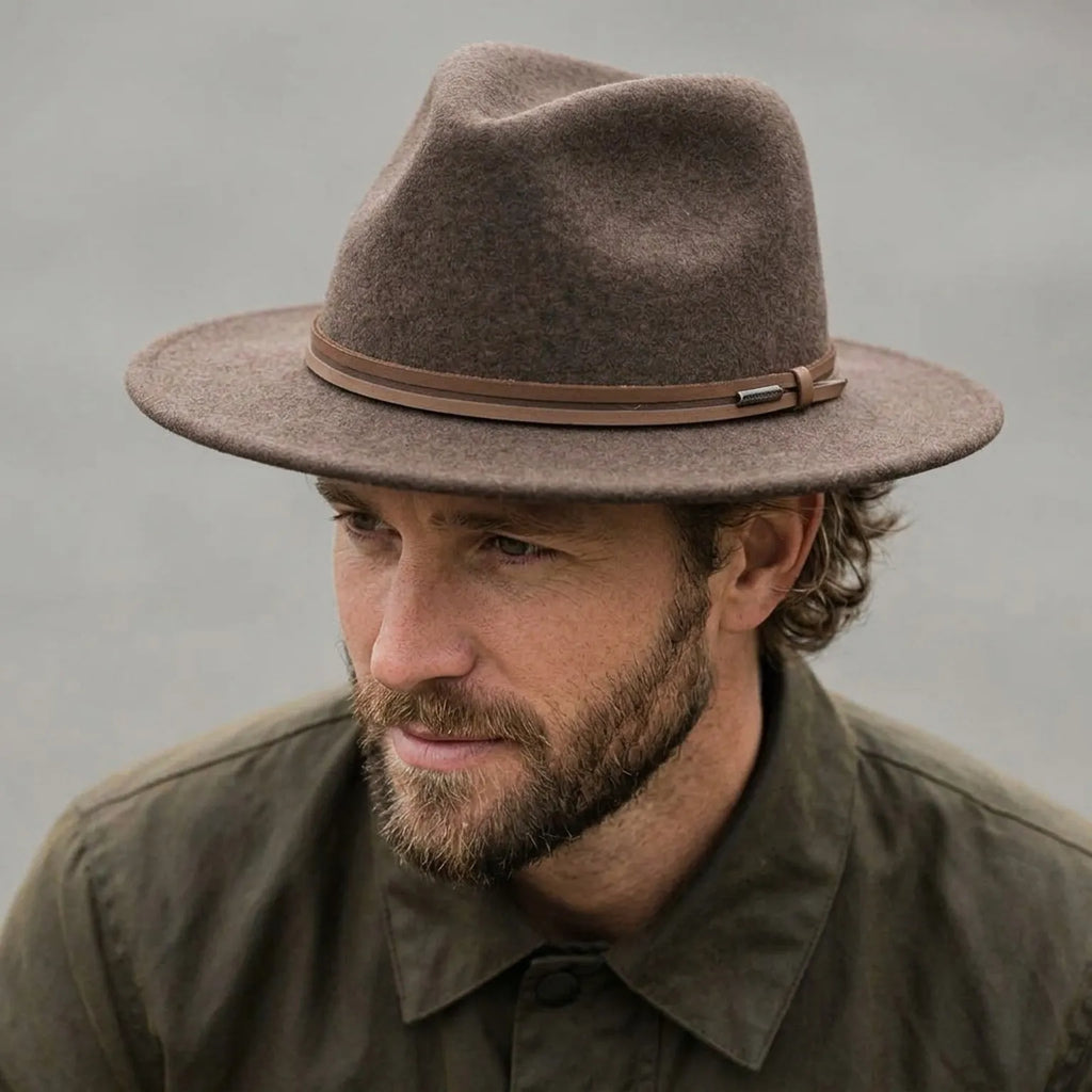 Brown Wool Felt Fedora with Tan Leather Band, Classic Teardrop Shape