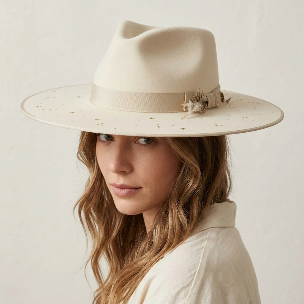 Cream Wool Felt Fedora with Star Cutout Brim and Grosgrain Band