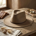Camel Tan Felt Fedora with Leather Band and Eyelet Detail