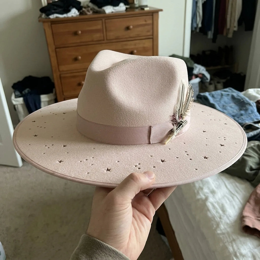 Blush Pink Wide Brim Felt Hat with Star Cutouts and Tassel