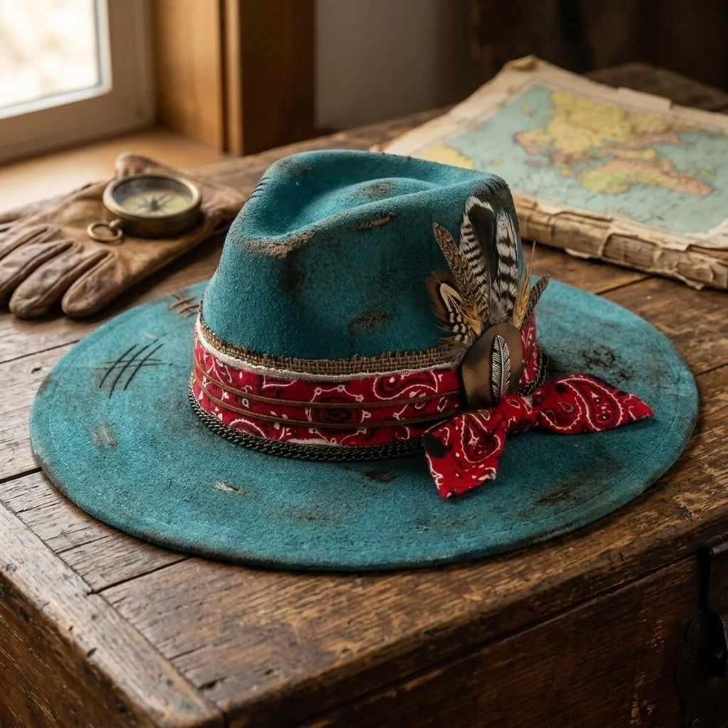 Distressed Teal Felt Western Hat Burlap Red Bandana Bow