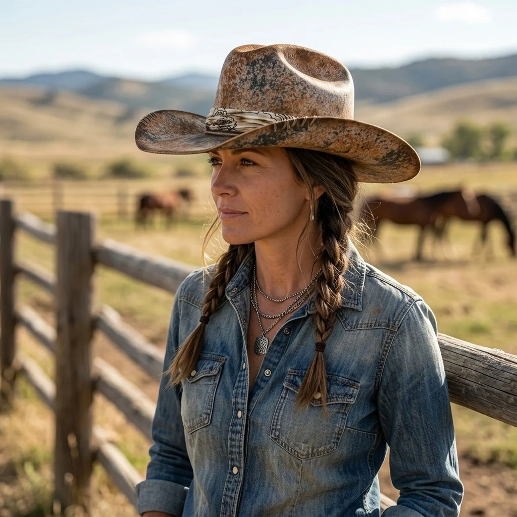 Weathered Brown Cowboy Hat with Paisley Bandana and Stitching