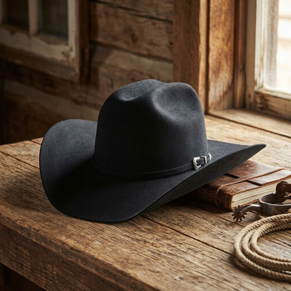 Black Felt Cowboy Hat with Deep Pinched Crease and Upturned Brim