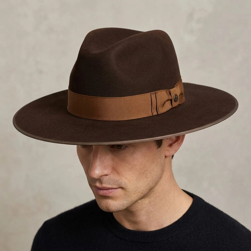 Dark Brown Felt Fedora with Caramel Ribbon and Edge Trim