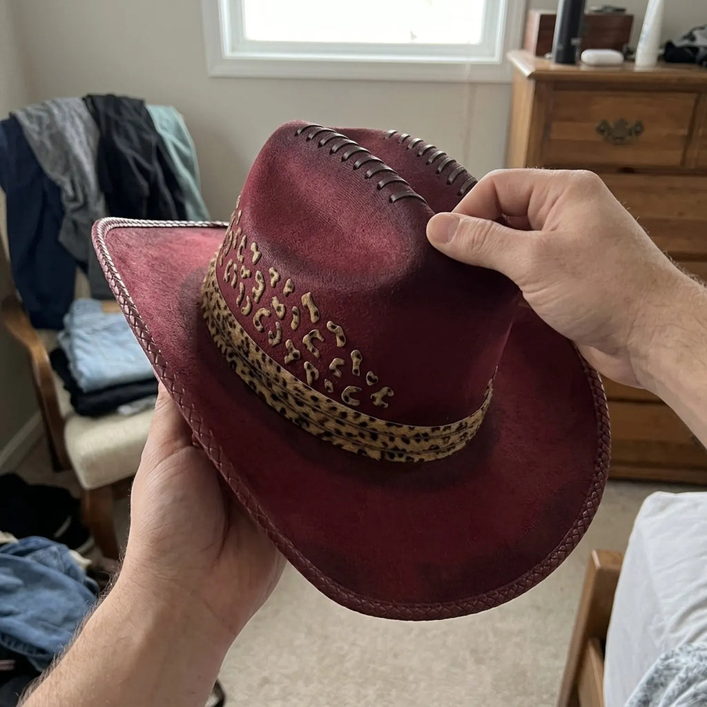 Burgundy Leopard Print Western Hat with Braided Brim Edge