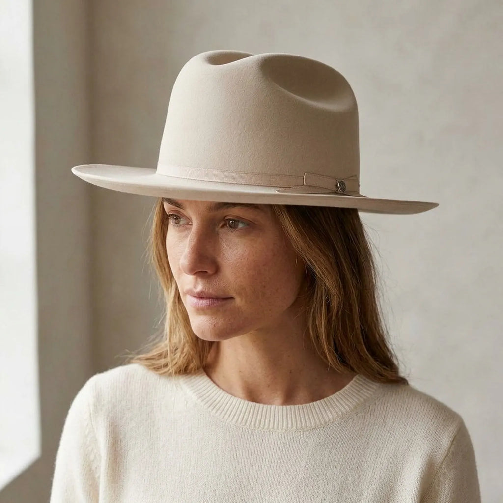 Ivory Wool Felt Western Hat with Band Strap and Pin