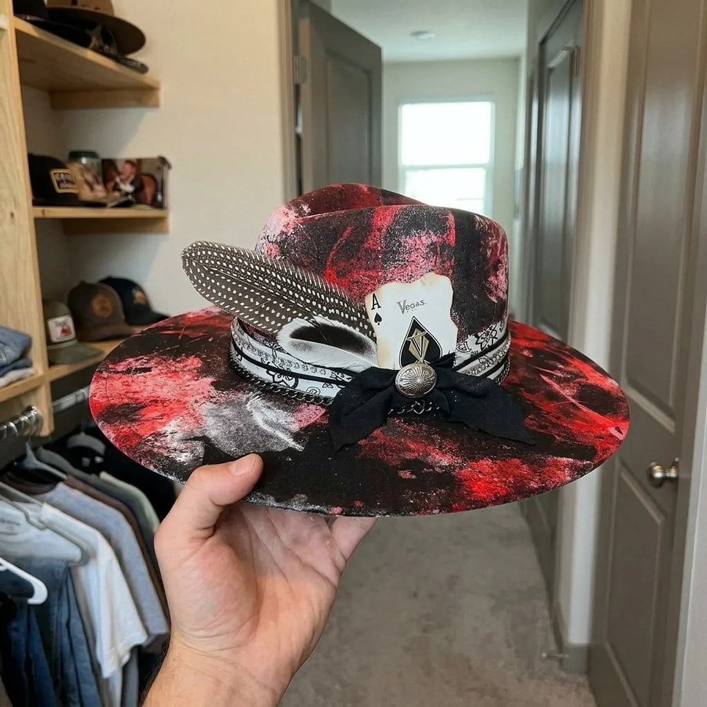 Red Black Splatter Felt Fedora with Card Feather Black Bow