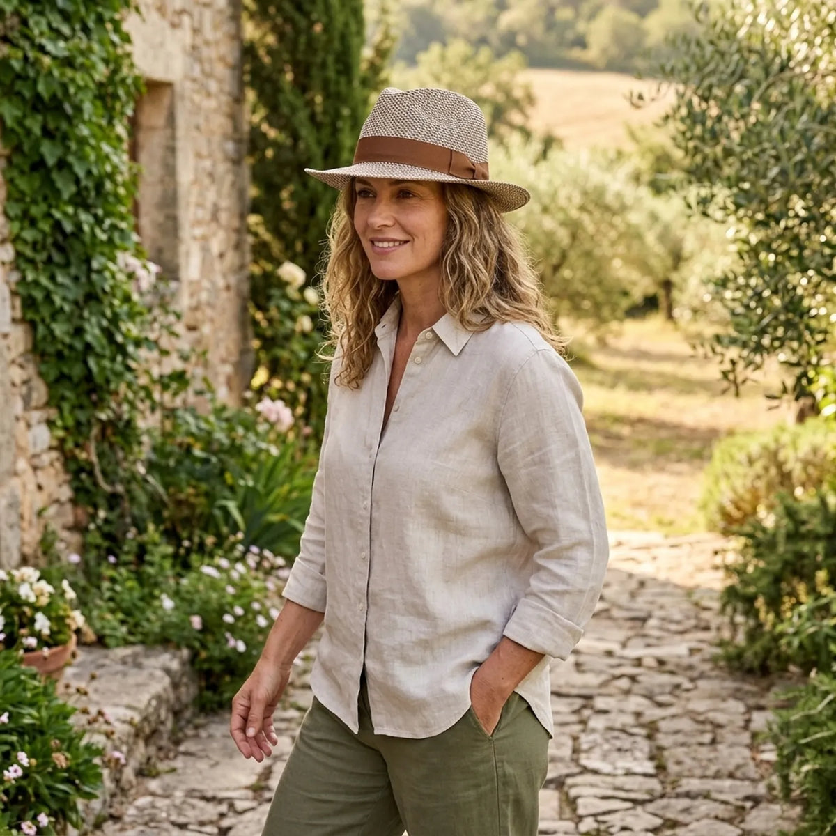 Woven Two-Tone Patterned Straw Fedora with Brown Band