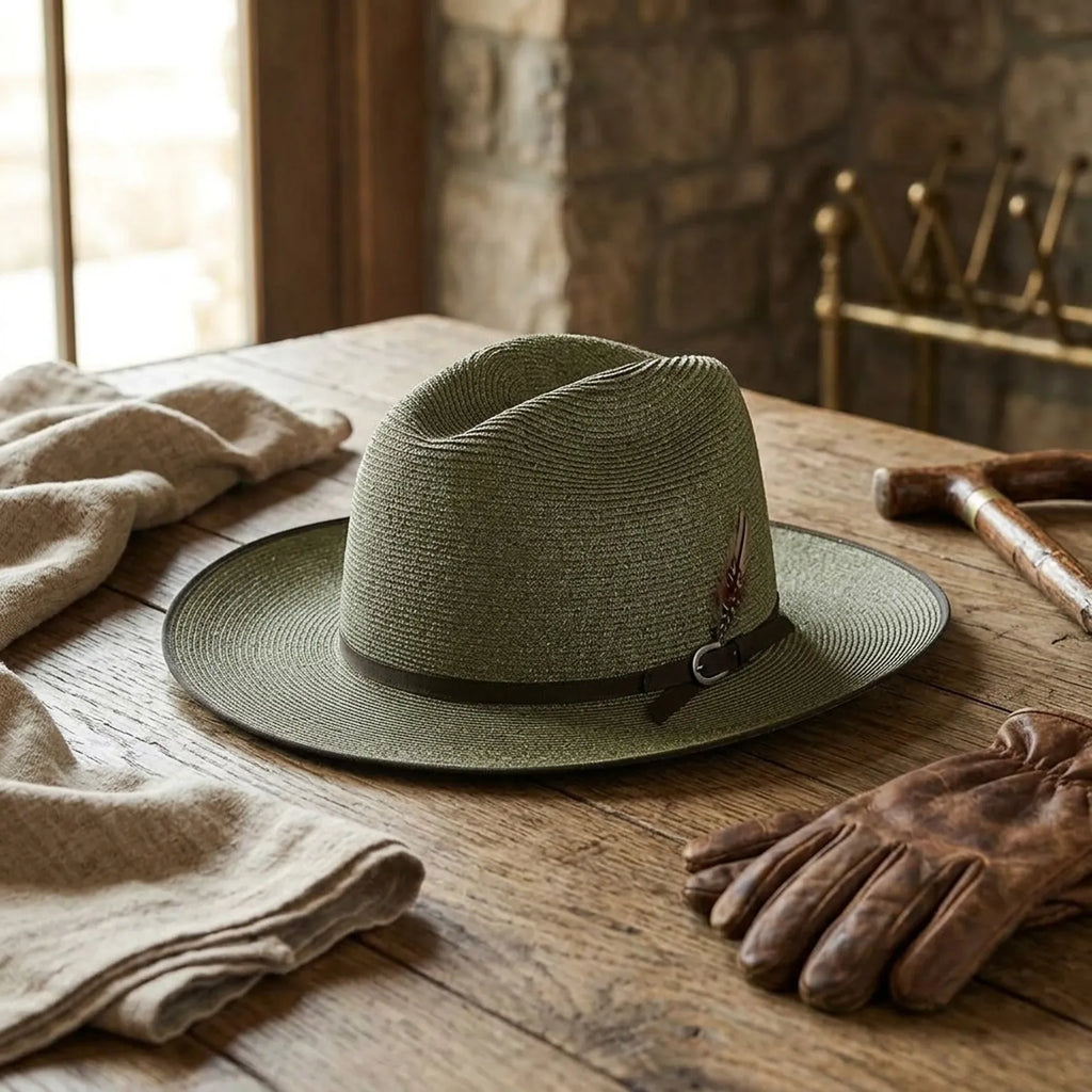 Olive Green Panama Hat in Straw with Bound Edge Detail