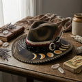 Brown Fedora Hat with Hand-Painted Moon Phases on Brim