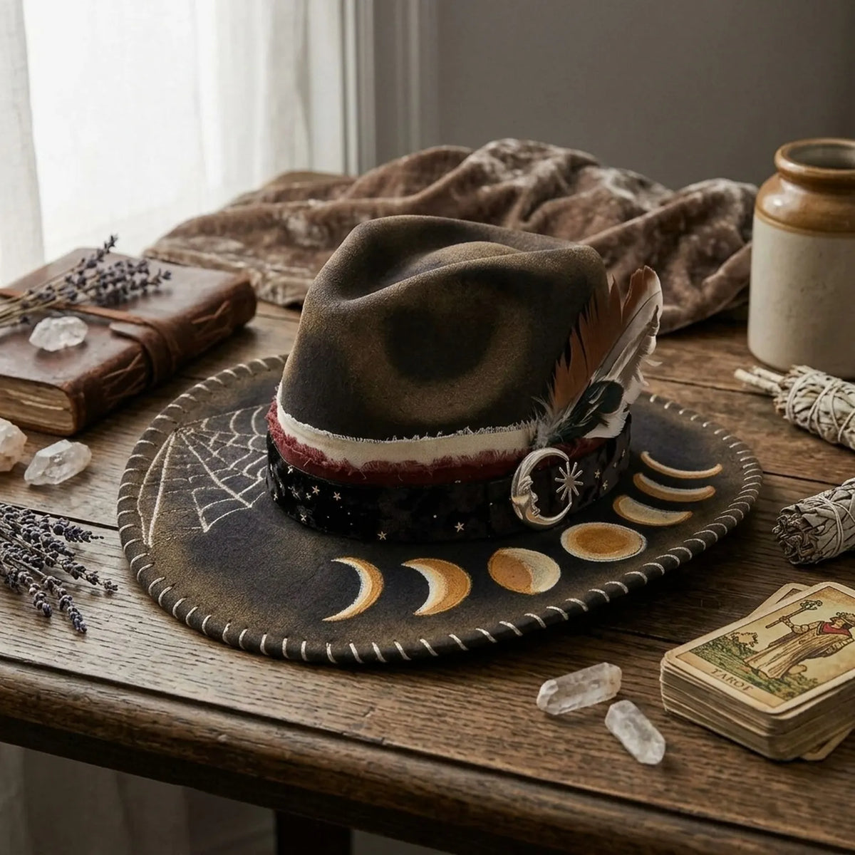 Brown Fedora Hat with Hand-Painted Moon Phases on Brim