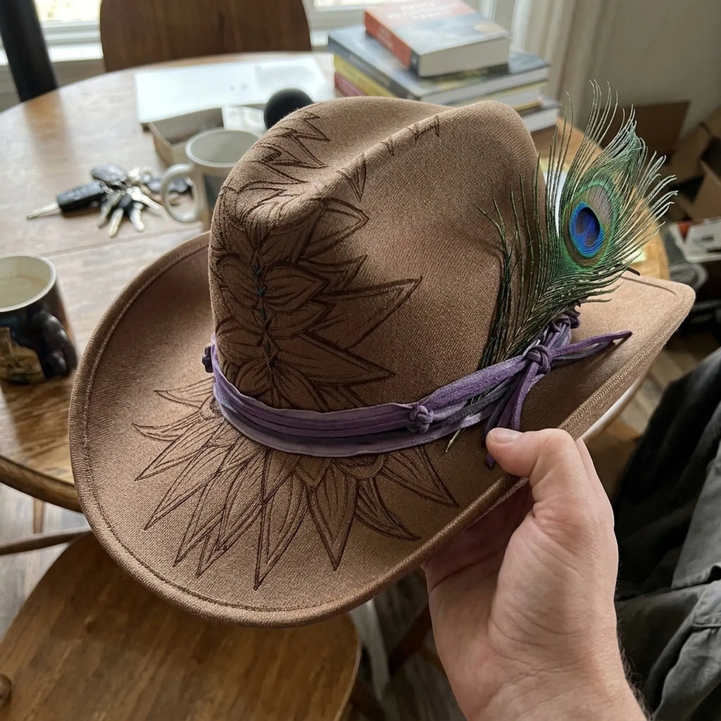 Brown Fedora with Peacock Feather and Leaf Embroidery
