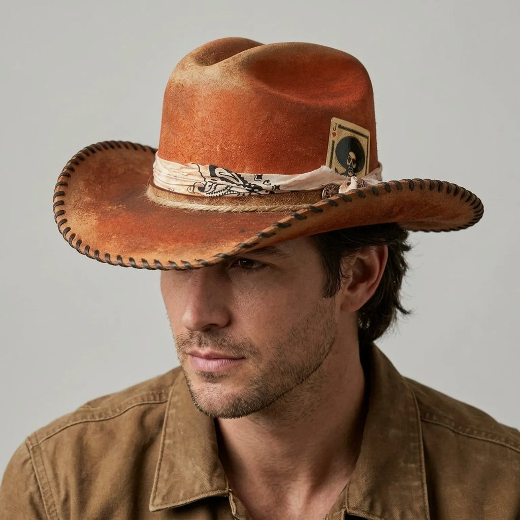 Rust Orange Western Hat with Stitched Brim and Playing Card Accent