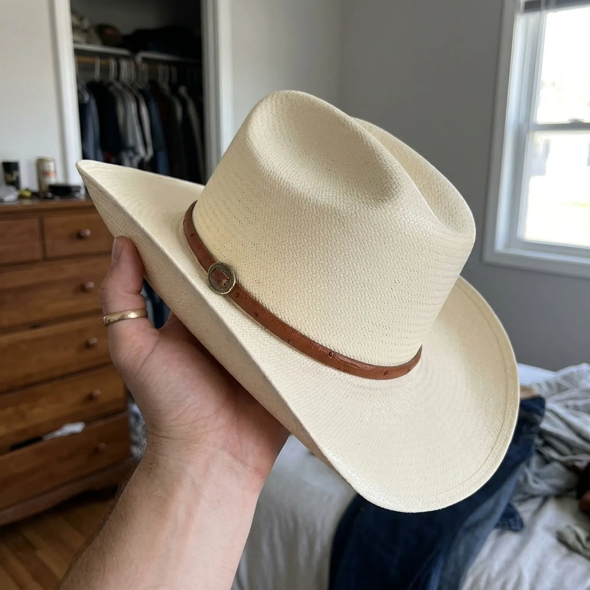 Ivory Straw Cowboy Hat with Brown Leather Band and Detail