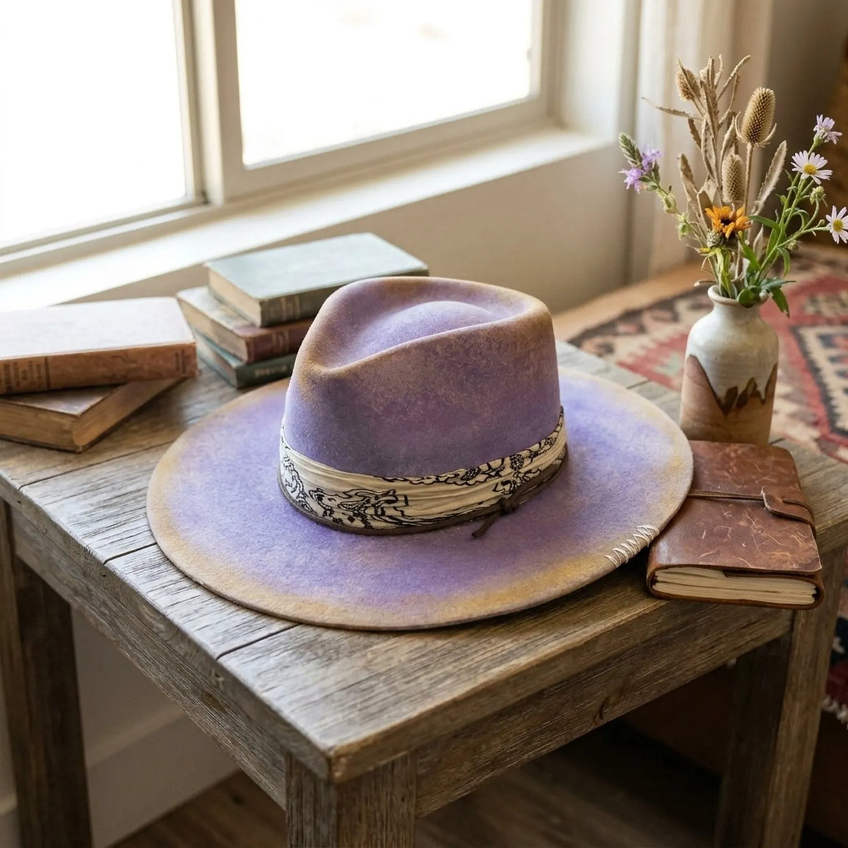 Purple Tie-Dyed Fedora With Patterned Band And Whip-Stitch Brim